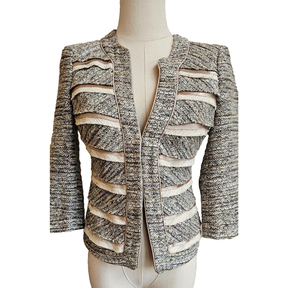 White House Black Market Tweed & Metallic Open Front Jacket 3/4 Sleeves 00 XS